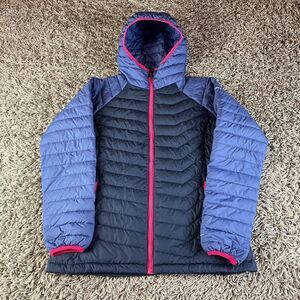 Columbia Puffer Jacket Womens Large L Blue Powder Lite Hooded Ski Logo Full Zip